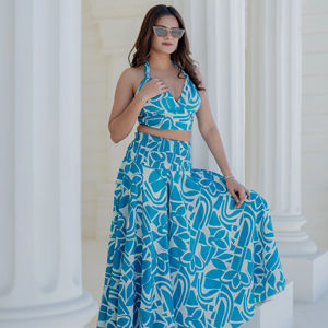 Cyan <b>Floral</b> Bubble Sleeve Coordinate Set Wrap Crop Top Midi <b>Skirt</b> Aqua Gypsy Summer Cruise Matching Two Piece Ensemble Washable - Product Image 1