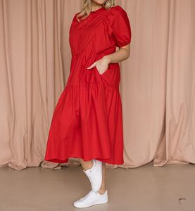 Robe d'été vintage décontractée rouge vif, longueur mi-mollet, 100 % coton, coupe trapèze, collection 2026, fabricant de vêtements américains et européens - Product Image 2