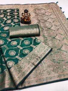 Premium suave Organza seda Banarasi Saree único adulto étnico intrincado Floral tejido Bandanas Butti características de archivo - Product Image 5