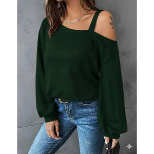 Blusa de viscosa de dos hilos con detalle de tirante en un solo hombro y manga larga para mujer, 30201 - Zumrut - Product Image 1