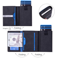 Dompet tempat kartu pria, dompet Ultra tipis, kulit Mini, tempat kartu Pop up, pengeluaran otomatis dengan klip uang tunai
