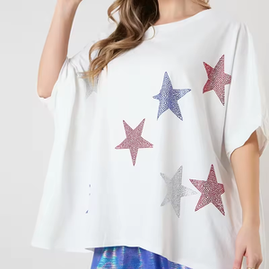 Camisetas holgadas de manga corta para mujer de alta calidad de verano, Camiseta de algodón 100% con diamantes de imitación personalizados - Product Image 2