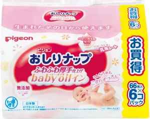 Pigeon bestseller mãe grande escolha, morturizando, óleo do bebê, ingredientes, tecidos descartáveis, bebê, úmido, 66 peças x 6 pacotes