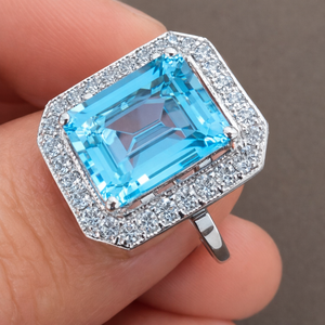 Emerald Cut <b>Blue</b> Topaz Cocktail <b>Ring</b> 925 Sterling Silver Rhodium Plated Pave Setting Women's Luxury Geometric Engagement <b>Ring</b> - Product Image 1