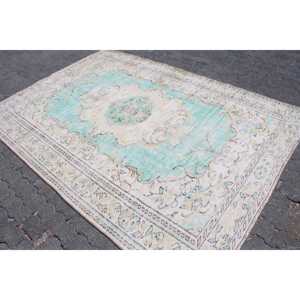 Alfombra de 5.7x8.3 pies, Alfombra Turca, Alfombra Vintage de Lana Azul con Rayas - Product Image 2