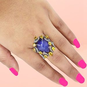 แหวนค็อกเทลเซอร์โคเนียธรรมชาติพร้อมไพลินสีเหลืองและแทนซาไนต์ชุบทอง14K 925สเตอร์ลิงเงินแฮนด์เมดของขวัญสำหรับเธอ - Product Image 1