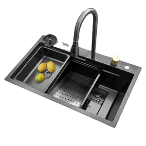 K Nano Step lavello da cucina 304 in acciaio inox fatto a mano sopra il montaggio rubinetto a cascata fattoria cucina lavelli neri