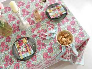 Nappe en coton imprimé bloc floral rose vert couverture de table indienne ensemble de linge de table fait main décor de table de mariage - Product Image 3