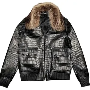 Crocodile print Classic Jacket with Removable Mink Collar