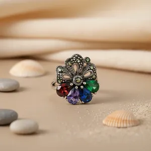 Bague de cocktail en argent 925 en forme de fleur Art Palace avec pavé de pierres naturelles, style bohème romantique, pour femme, bijou cadeau - Product Image 2