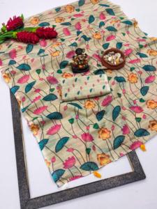 Magnifique Saree Ikat en Soie à Imprimé Numérique Gris Argenté, Idéal pour les Mariages et les Soirées Formelles - Product Image 3