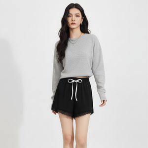 Shorts Elásticos de Punto Acanalado Transpirable para Mujer, con Ribete de Encaje, Estilo Moderno, Casual, para Descansar o Dormir, Directo de Fábrica - Product Image 1