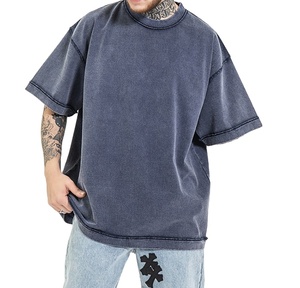 Camiseta de algodón grueso con estampado lavado al ácido, personalizada, barata, al por mayor, para hombre, de cuello redondo y manga corta, talla grande - Product Image 4