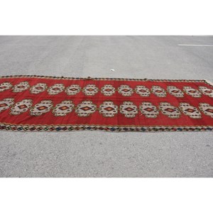 Tapis Kilim rouge beige de grande surface, tissage plat de 5.6x14.4 pieds, laine turque en peluche, hauteur de pile, motif rectangle pour tapis de chambre de couloir - Product Image 3