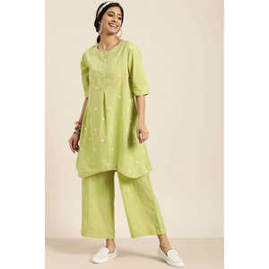 Conjunto de Kurta y Palazzo de Algodón Bordado Verde para Mujer, para Verano - Product Image 2