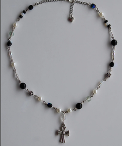 Black Cross Charm Necklace Adjustable Black Beaded Necklace with Silver Cross Charm Western Beaded Scarf Fringe Beaded Bandana - Product Image 1