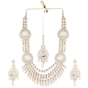 Indian Faux Pearl Bridal Jewelry Set Kundan Multilayered Necklace With Dangle Earrings and Mangtikka Jewllery For Women