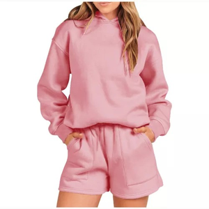 Conjunto de 2 piezas para mujer, jersey de manga larga de gran tamaño, sudadera, sudaderas con capucha y pantalones cortos, conjunto de chándal para mujer, venta al por mayor personalizada - Product Image 1