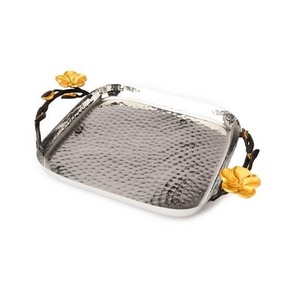 AG Metal Modern Party Food Serving Tray Gold Hammered <b>Mirror</b> Polish Stainless Steel Design Handle Royal <b>Tabletop</b> 100% Natural - Product Image 1