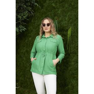 Veste en lin mélangé vert pour femmes grandes tailles RMG avec ceinture ajustable, vêtement d'extérieur confortable en coton - Product Image 1