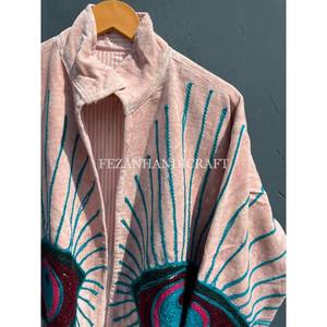 Unisex Autumn Winter Jacket Peach Velvet with Uzbek Floral Embroidery Stand Collar and Cotton Lining Women's <b>Coat</b> - Product Image 3