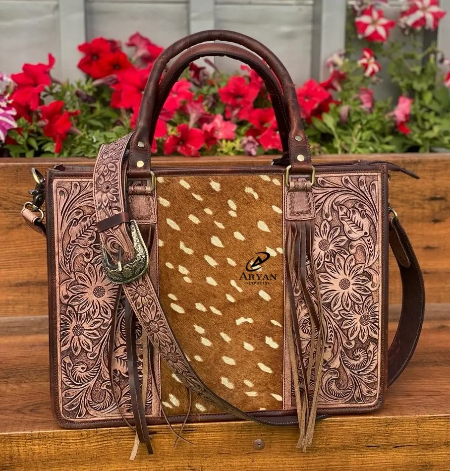 New Arrival Stylish Animal Print Genuine Leather Tote Bags Handcrafted Fashionable High Quality Tooled Women's Shopping Handbags