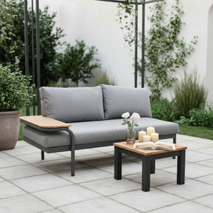 Juego de sofá moderno y minimalista gris para exteriores con marco de acacia y mesa auxiliar para uso en Patio, jardín, hogar o Resort - Product Image 2