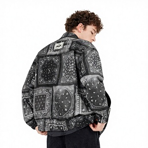 Chaqueta de invierno para hombre, extragrande, ecológica, con forro polar, estilo bandana, patchwork, tipo coach, negra, gris, paisley, streetwear, cortavientos - Product Image 1