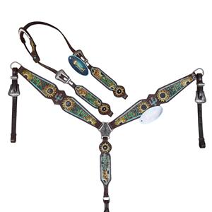 Cabestro, Brida, Pechera y Riendas para Caballo Occidental a Precio Accesible, Cuero con Diseño Floral Repujado a Mano, Pechera Completa para Caballo Cob - Product Image 1