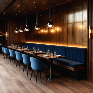 Set di Lusso con Poltrone Imbottite Blu Navy e Tavolo da Pranzo Rotondo in Legno Scuro, 4 Sedie, Arredamento per Caffetteria, Divano per Ristorante - Product Image 2