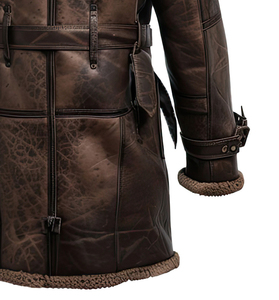 เสื้อโค้ทหนัง PU สีน้ำตาลคอตั้งสำหรับผู้ชายเสื้อโค้ทขนสัตว์เทียมยาวปานกลางแบบไม่สมมาตรสไตล์ทันสมัย - Product Image 6