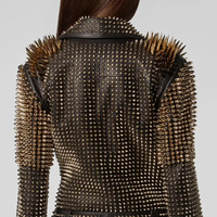 Chaqueta de Mujer Personalizada, Transpirable, con Tachuelas Doradas, de Lona y Piel de Oveja, con Cuello Mao, Manga Corta, Estilo Biker, Rock, Punk