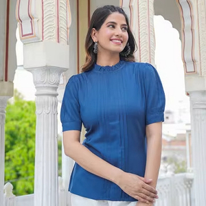 YASH GALLERY Conjunto de Top de diseñador Dobby de rayón azul informal para mujer y hasta el tobillo con decoración de patrón - Product Image 1