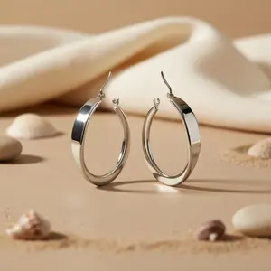 Boucles d'oreilles créoles ovales minimalistes en argent pour femmes, bijoux minimalistes à pendentif tendance - Product Image 2