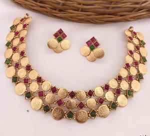 PIÈCE D'INDE DU SUD LAXMI TEMPLE BIJOUX TRADITIONNEL ANTIQUE CHOKER BIJOUX DE MARIAGE ENSEMBLE DE BIJOUX ET COLLIER EN PLAQUÉ OR LOURD - Product Image 3