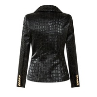 Blazer Homme Noir en Cuir Véritable et Toile, Coupe Slim, Double Boutonnage, Capuche, Boutons Dorés Gaufrés pour Motif, Formel