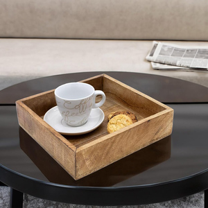Plateau en bois de couleur brûlée légère de meilleure qualité Plateau de service carré en bois de manguier fait à la main pour servir des boissons au café et décor de bougies - Product Image 3