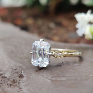 Prong <b>Set</b> <b>Emerald</b> Cut Moissanite Diamond Engagement Wedding Rings for Women in 10kt Solid Gold - Product Image 4