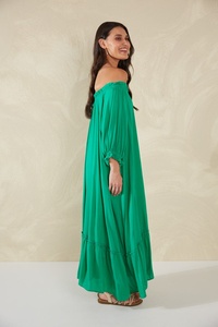 Mint manga larga estilo bohemio manga larga 100% tela de rayón Maxi vestido vacaciones mujeres sin tirantes con vestido de mujer escalonado - Product Image 3