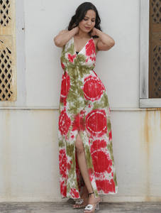 Ropa de playa de verano para mujer, diseñador de rayón, Espalda descubierta, espagueti, cuello Halter, largo Floral, tinte de corbata, Maxi vestido sin mangas y sin espalda - Product Image 4