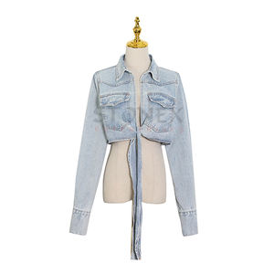 Chaqueta vaquera de nuevo diseño para mujer, chaqueta vaquera de manga larga con correa en la cintura, traje vaquero de color lavado, chaqueta vaquera informal ajustada para mujer - Product Image 1