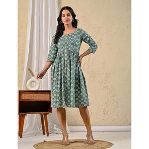 Robe en coton imprimée à la main Green Jaal, décontractée et élégante, longueur genou, col carré, boutons sur le devant, tailles XS à 5XL, respirante - Product Image 6