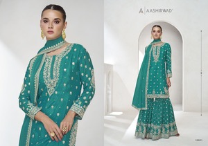 Elegante Chinon de seda bordado Palazzo Salwar Kameez Invitados DE BODA étnicos elegantes Ropa festiva Dupatta para celebraciones Indias - Product Image 4