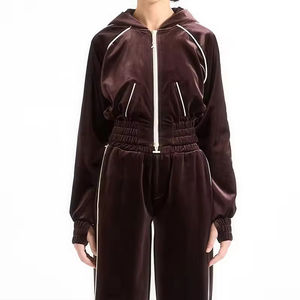 Sweat à capuche et pantalon de survêtement en velours avec fermeture éclair personnalisée Ensemble de velours deux pièces pour femmes Streetwear Survêtement en velours pour femmes - Product Image 3