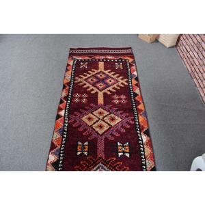 Vintage Turkish Rug, 2.4x13.2 ft Herki Rug, <b>Red</b> Patchwork <b>Wool</b> Rug - Product Image 4