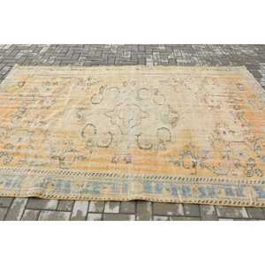 Vintage Large Rug 5.8x9.4 ft, <b>Yellow</b> Blue Floral Rug <b>Wool</b> - Product Image 3