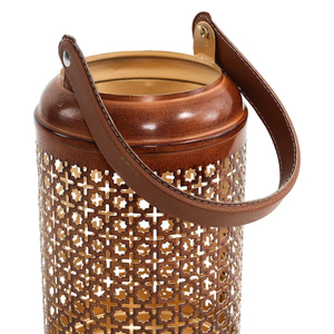 Lanterne en métal marron rustique avec motif géométrique et poignée en cuir idéal pour les bougies chauffe-plat et l'accent de décoration intérieure - Product Image 3
