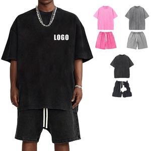 Ensemble de t-shirts décontractés d'été pour hommes en molleton bouclette streetwear, coupe oversize à épaules tombantes, délavé à l'acide, grammage lourd et respirant - Product Image 2