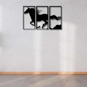 Art mural moderne en métal à 3 panneaux représentant un cheval au galop |   Grande décoration murale en métal noir |   Décoration d'intérieur en fer découpé au laser - Product Image 4