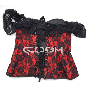 Corset rouge surbuste à baleines en acier avec superposition de dentelle noire, style gothique, épaules dénudées - Product Image 3